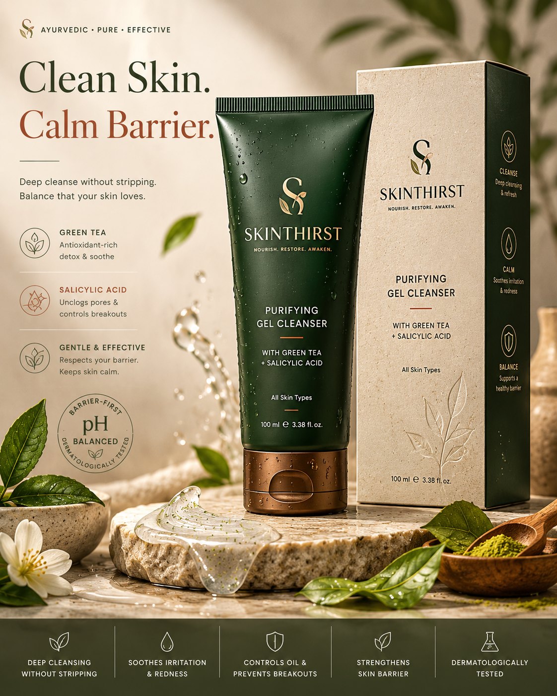Skinthirst Purifying Gel Cleanser creative: Clean Skin. Calm Barrier.