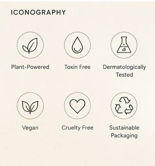 Iconography: plant-powered, toxin free, dermatologically tested, vegan, cruelty free, sustainable packaging