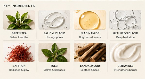 Key ingredients: green tea, salicylic acid, niacinamide, hyaluronic acid, saffron, tulsi, sandalwood, ceramides