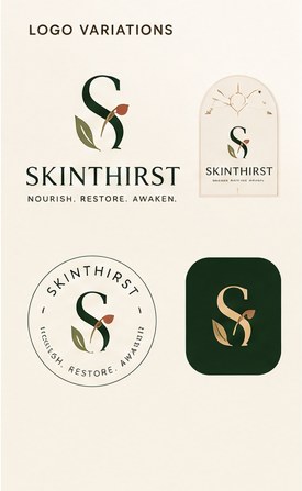 Skinthirst logo variations: primary lockup, arch badge, circular seal and app icon