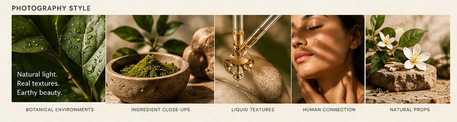 Photography style: botanical environments, ingredient close-ups, liquid textures, human connection, natural props