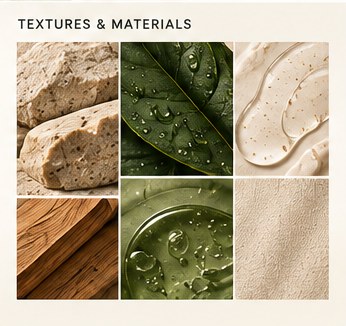 Textures and materials: stone, leaf, gel, wood, water droplets, paper