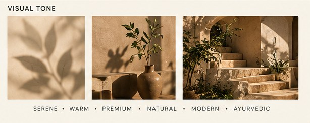 Visual tone: serene, warm, premium, natural, modern, Ayurvedic