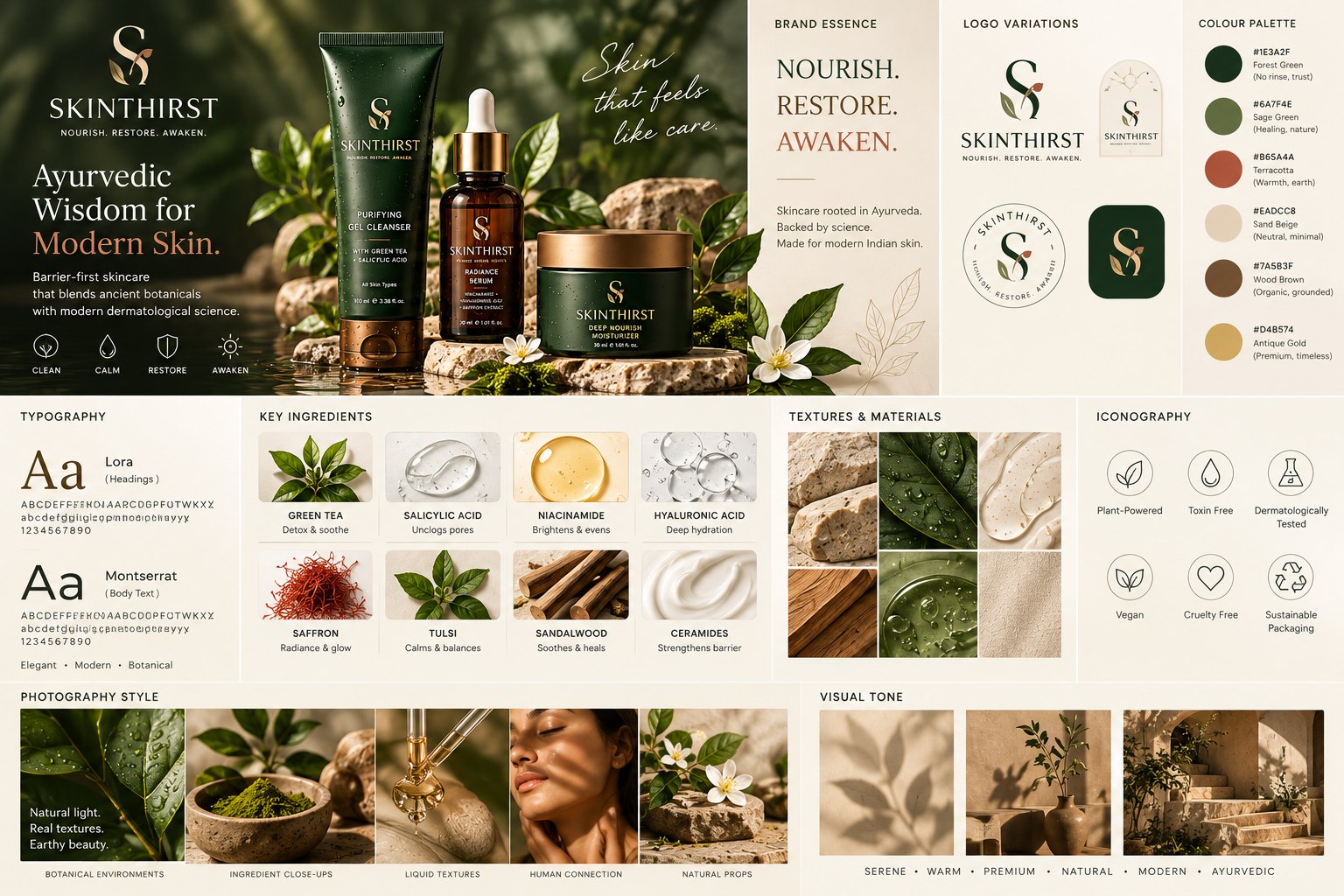 Skinthirst brand board: logo variations, colour palette, typography, key ingredients, textures, iconography, photography style and visual tone